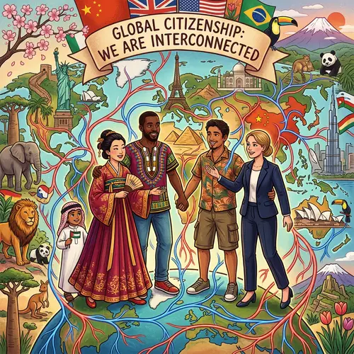Global Citizenship Illustration with Diverse Individuals and Cultural Symbols
