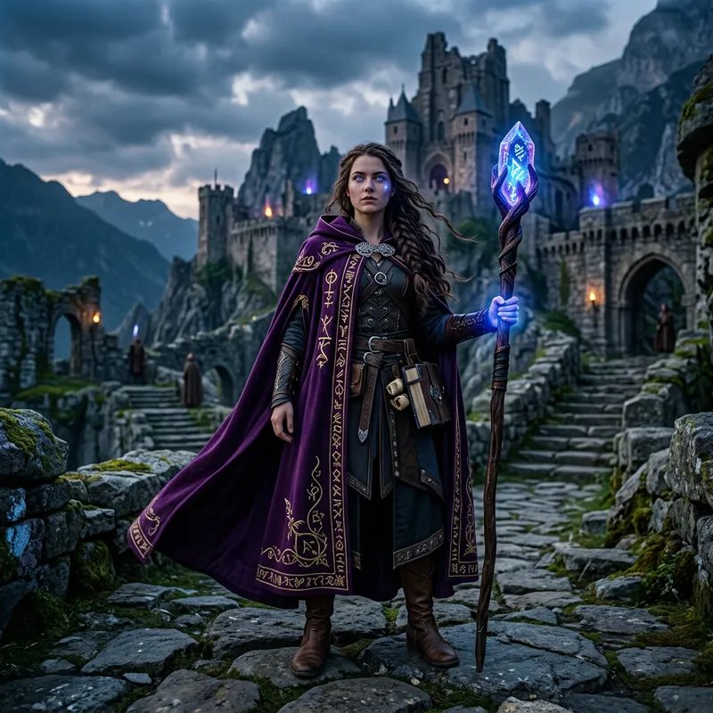 Female Mage with Purple Cloak and Rune Staff