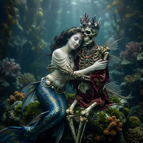 Elegant Mermaid Embracing Merfolk Deity in Mystical Aquatic Scene