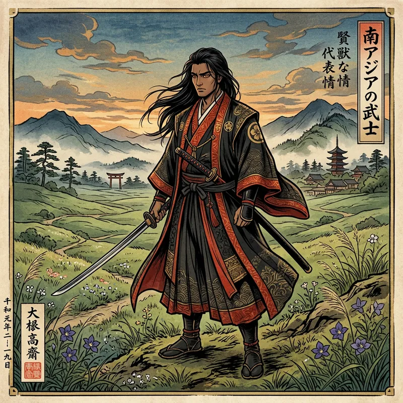 Contemporary Anime Character in Traditional Japanese Style | Black Hair, Orange Eyes, Katana