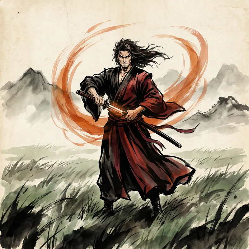 Solemn Samurai Amid Blossoming Meadow