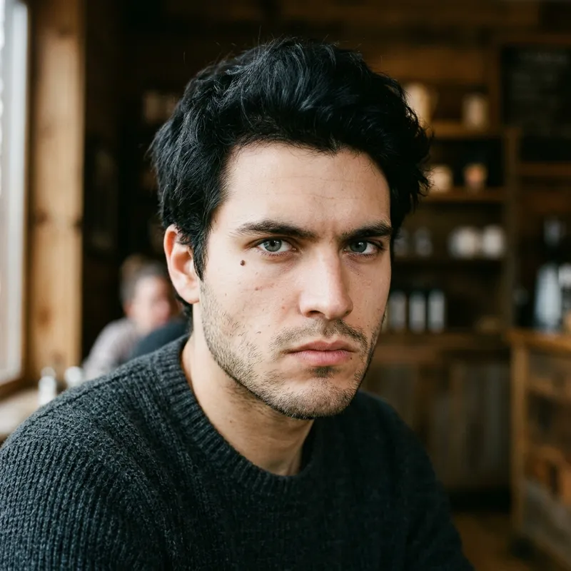 22-Year-Old Man with Black Hair and Grey Eyes, Striking Features