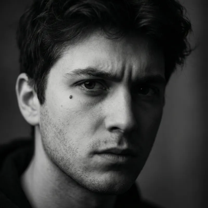 Intense Close-up Portrait of Young Man in Dramatic Black and White Cinematic Lighting Intense Close-up Portrait of Young Man in Dramatic Black and White Cinematic Lighting