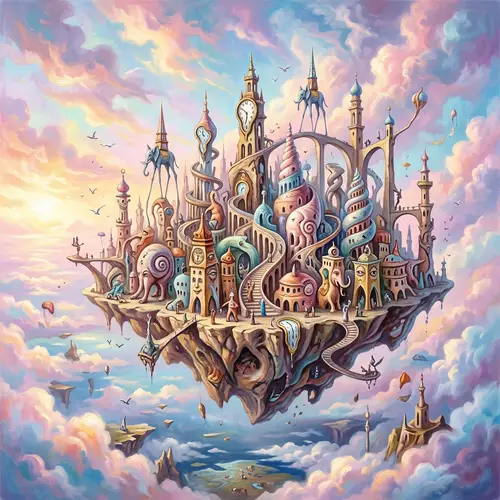 Surreal City Floating in Sky: A Dali-inspired Dream