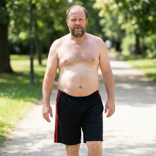 Overweight Man in Black and Red Shorts