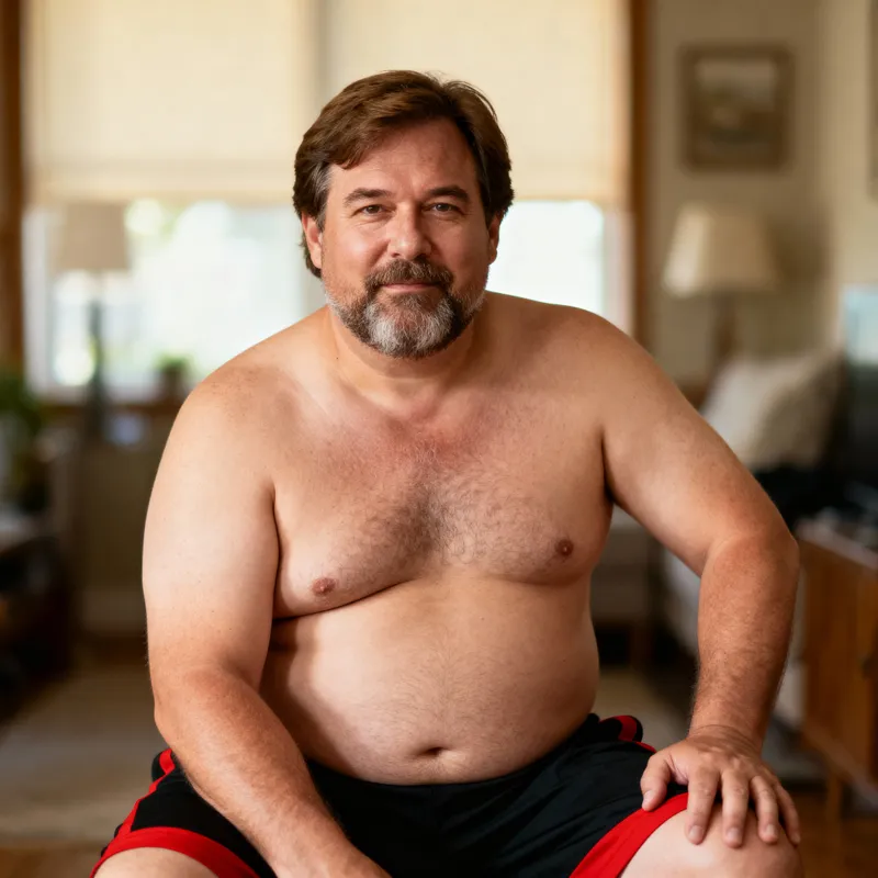 Overweight Man in Black and Red Shorts