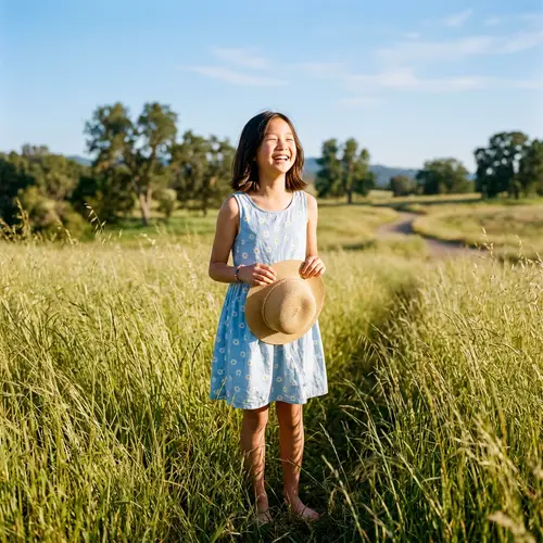 Joyful Asian Girl in Sunlit Meadow | Tranquil Nature Scene