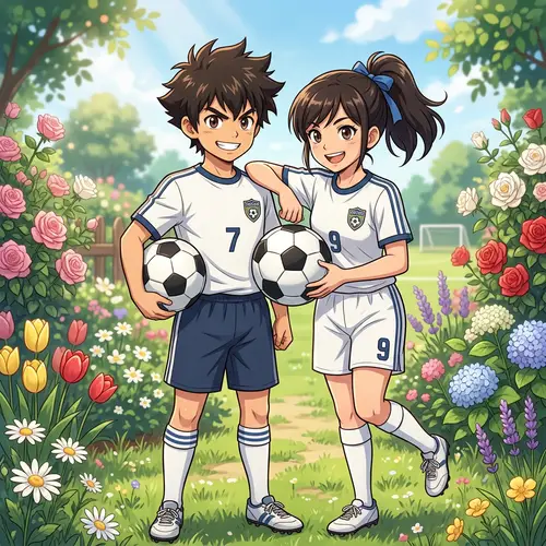 Anime Boy & Girl Soccer Players | Floral Background Art