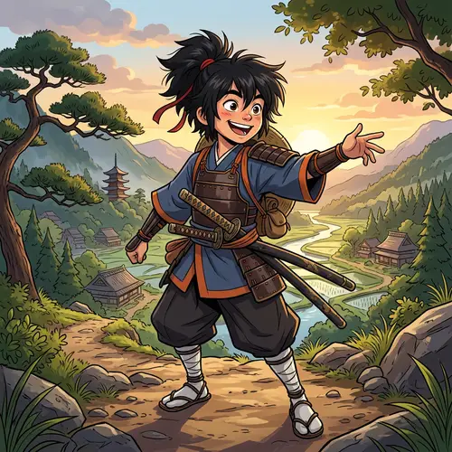 Joyous Young Samurai Boy: Animated Character Design