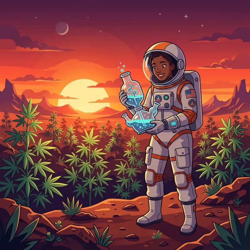 Space Explorer with Cannabis Plants and Bong during Sunset