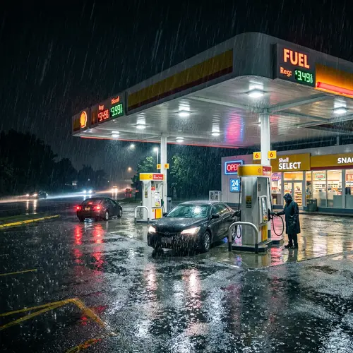 Gas Station in Heavy Rain at Night