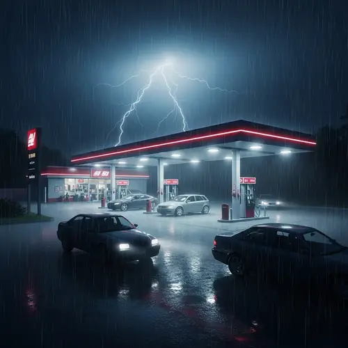 Gas Station in Heavy Rain at Night