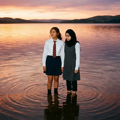 School Girls in Diverse Uniforms Amidst Water