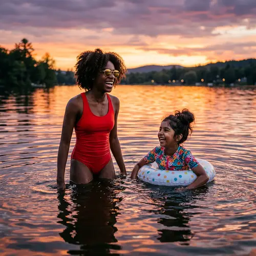 Fun in Water: Dusk Sky Reflection with Two Smiling Girls