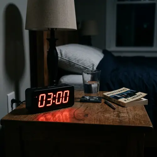 Digital Alarm Clock on Wooden Bedside Table | 03:00 Display