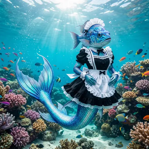 Unique Fish-Headed Maid Mermaid in Turquoise Water