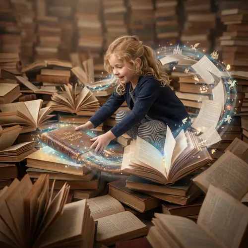 Blonde Girl's Enchanted Journey Through Books