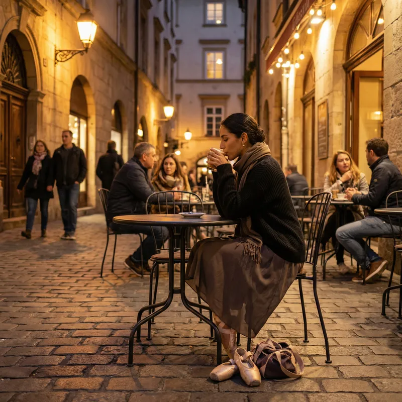 Hispanic Ballerina Enjoying Drink on European Street