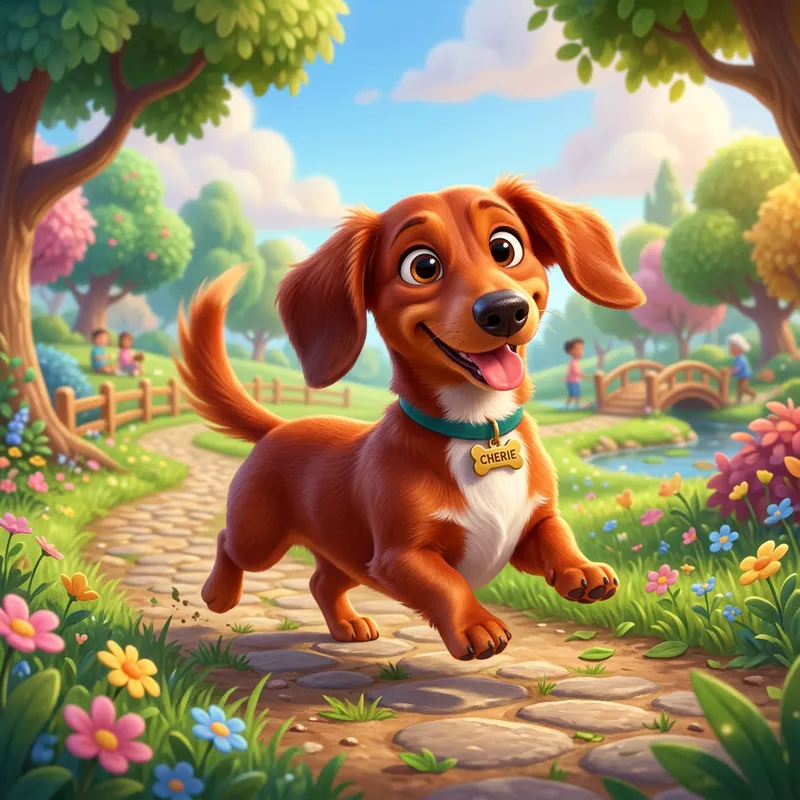 Exuberant Red Dachshund 'Cherie' in Pixar-Style Animation Exuberant Red Dachshund 'Cherie' in Pixar-Style Animation