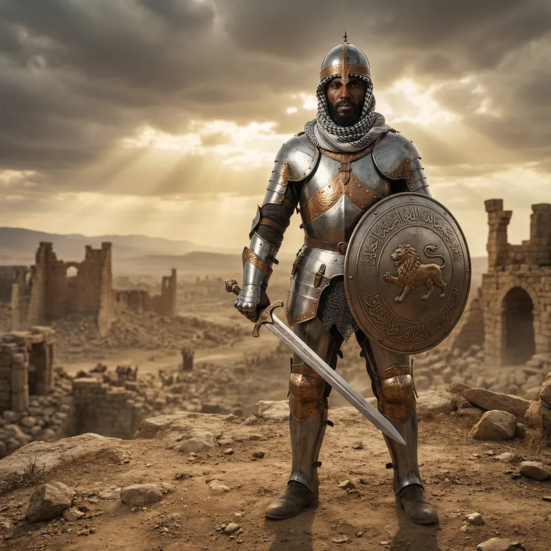 Middle-Eastern Paladin in Battle Stance with Sword and Shield | Stunning Armor