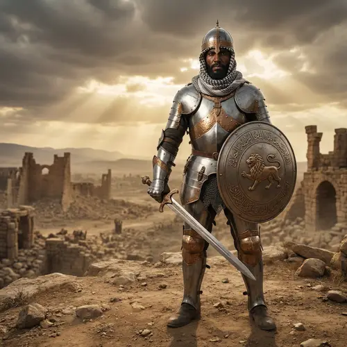 Middle-Eastern Paladin in Battle Stance with Sword and Shield