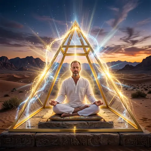 Man in Lotus Position Inside Transparent Gold Pyramid - Meditative Energy