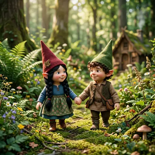Adorable Gnomes with Black and Brown Hair Holding Hands