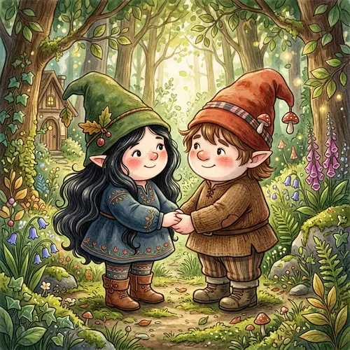 Adorable White Gnomes Holding Hands - Magical Illustration