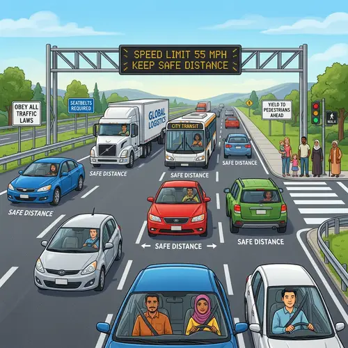 Safe Road Driving Illustration - Traffic Rules & Diverse Drivers