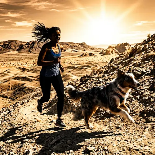 Athletic South Asian Woman Sprinting with Australian Shepard in Desert