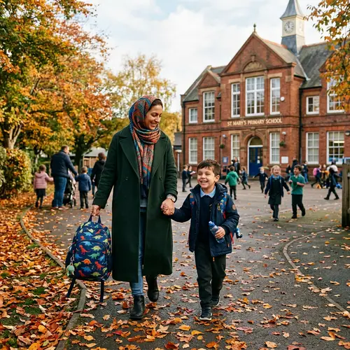 Autumn Walk to Primary School: Middle-Eastern Mother and Son