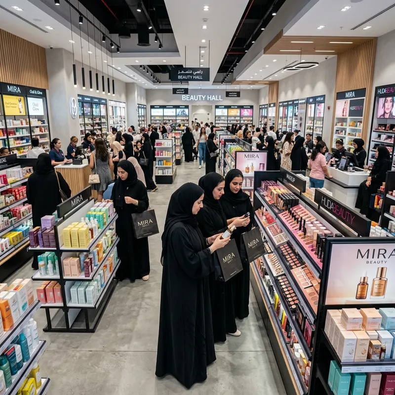 Traditional Middle-Eastern Women Shopping at Modern Cosmetics Store Traditional Middle-Eastern Women Shopping at Modern Cosmetics Store