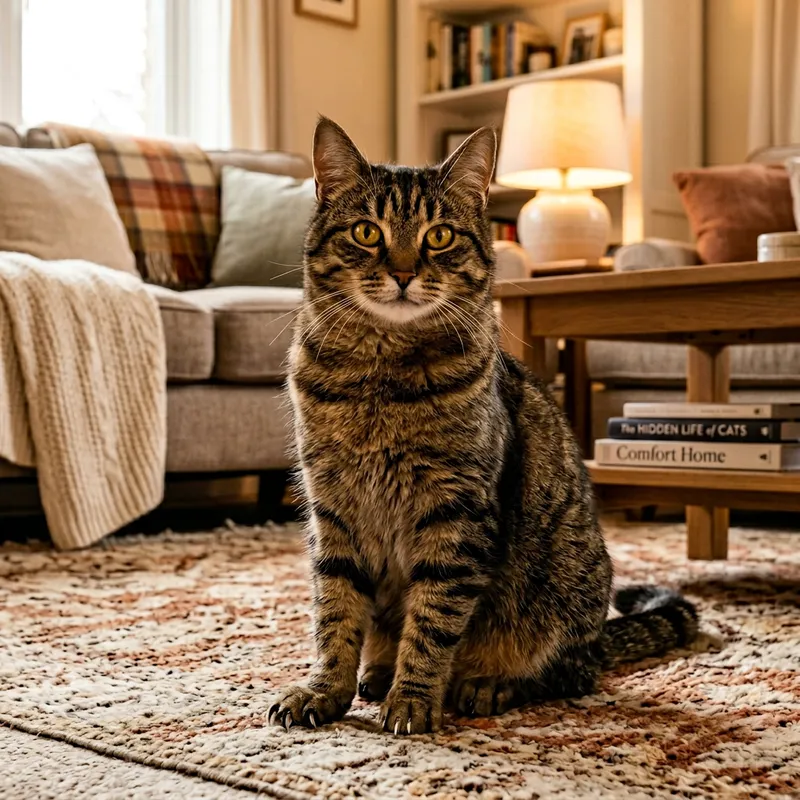 Beautiful Domestic Cat with Soft Fur on Home Interior Background