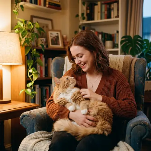 Woman and Cat in Cozy Room | Heartwarming Bond of Friendship