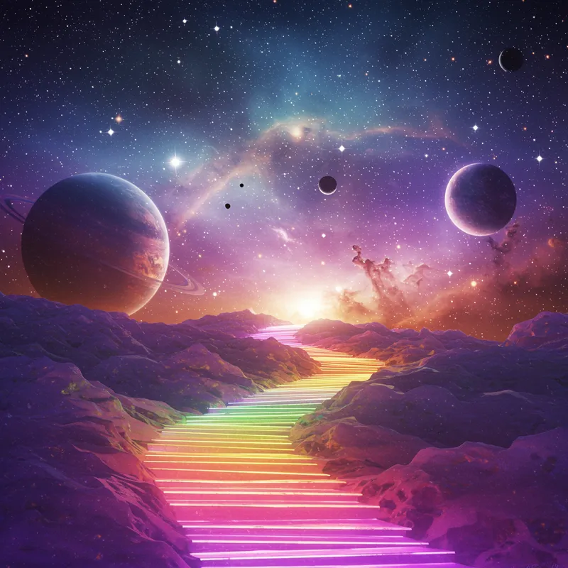 Ethereal Landscape: Multicolored Planets and Stars