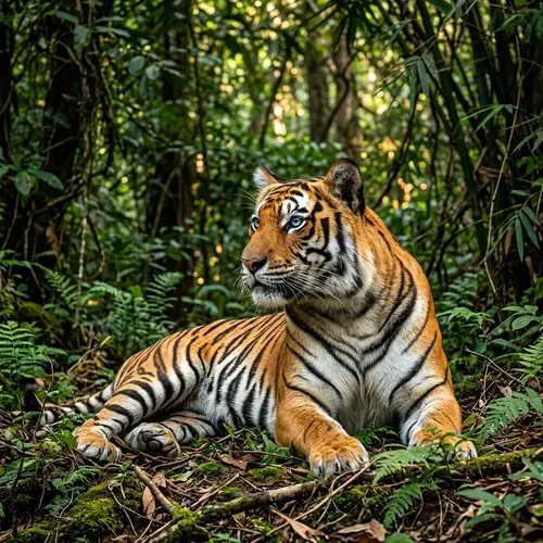 Majestic Tiger Resting in Lush Forest - Striped Orange Coat