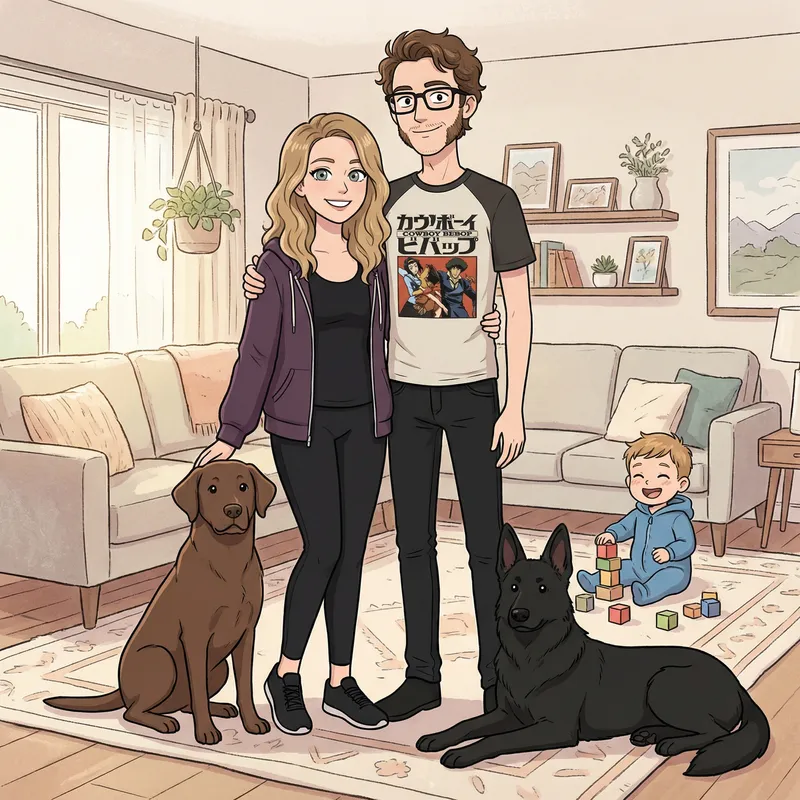 Anime Family Photo with Dogs and Toddler Fun