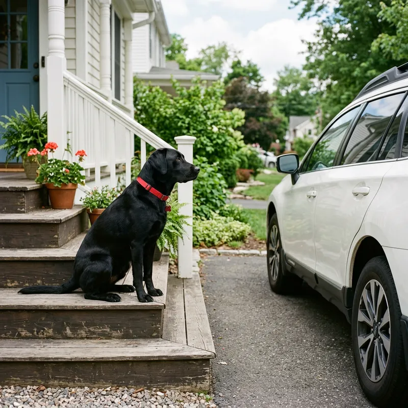 Black Labrador Waiting by White Car Black Labrador Waiting by White Car