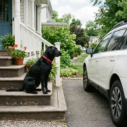 Black Labrador Waiting by White Car