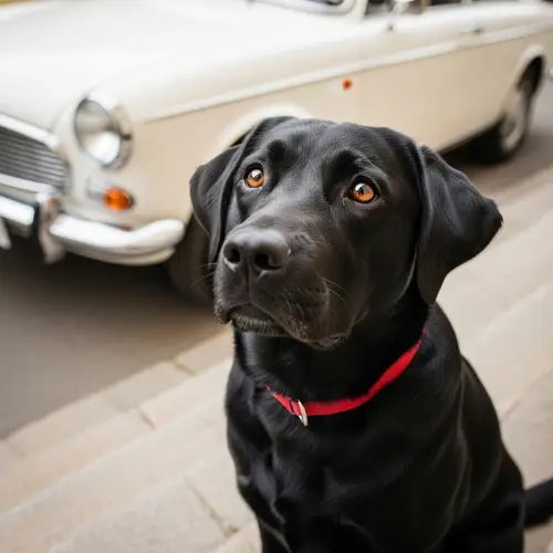 Black Labrador Waiting by White Car