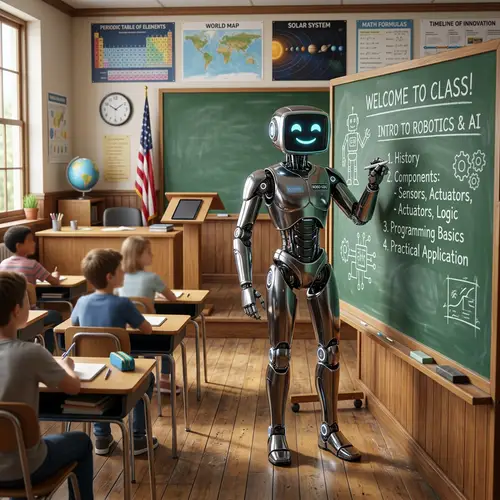 Advanced Robot Instructor in Traditional Classroom Scene