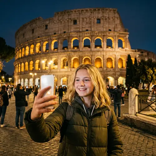 Blonde Girl Selfie at Night Colosseum