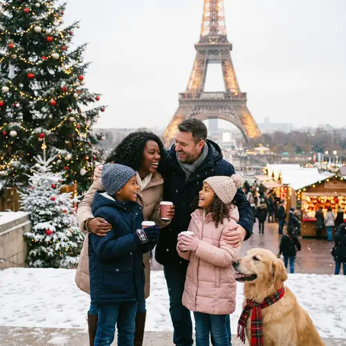Christmas at the Eiffel Tower with Family and Dog