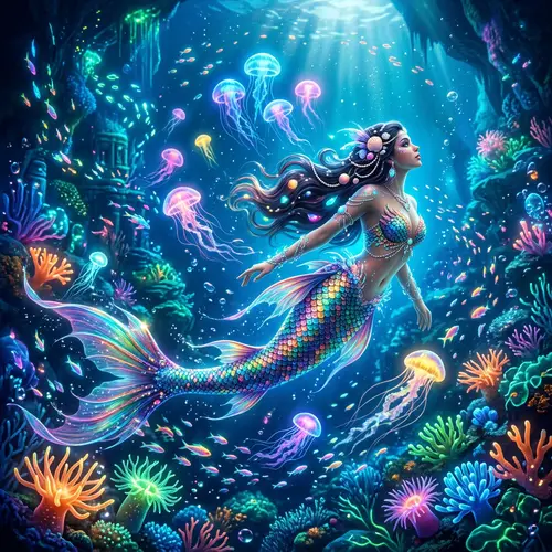 Surreal Underwater Landscape with Graceful Mermaid and Bioluminescent Creatures