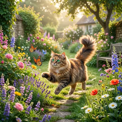 Captivating Scene with Beautiful Fluffy Cat | Serene Garden