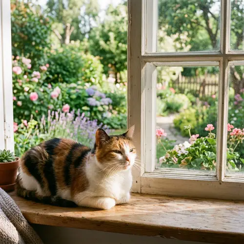 Calico Cat Enjoying Morning Sun on Wooden Windowsill