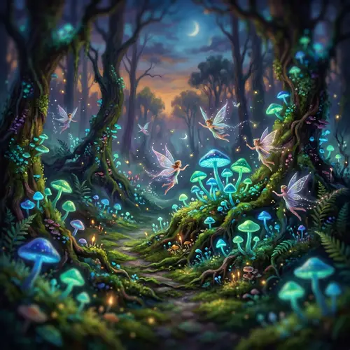 Mystical Forest at Dusk: Bioluminescent Mushrooms & Fairies