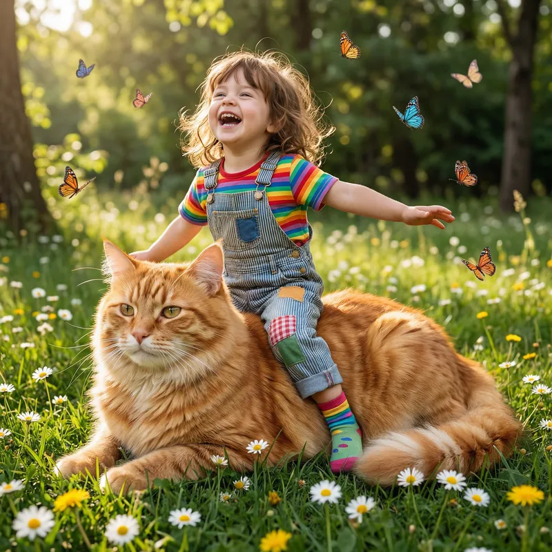 Joyful Girl Pretend Riding Orange Tabby Cat Outdoors