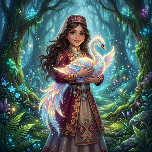 Detailed Digital Art of Young Circassian Girl with Swon