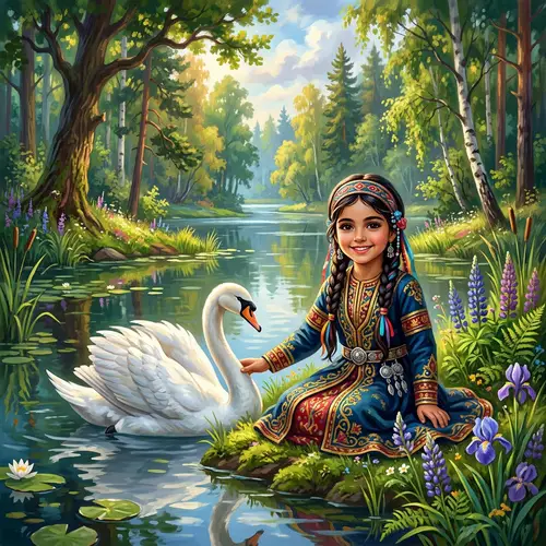 Captivating Digital Art of Young Circassian Girl with Swan in Enchanting Forest